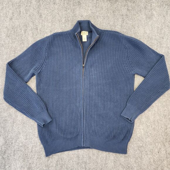 LL Bean Sweater Men Large Blue Full Zip Long Sleeve Ribbed Knit Mock Neck Casual - Picture 1 of 15